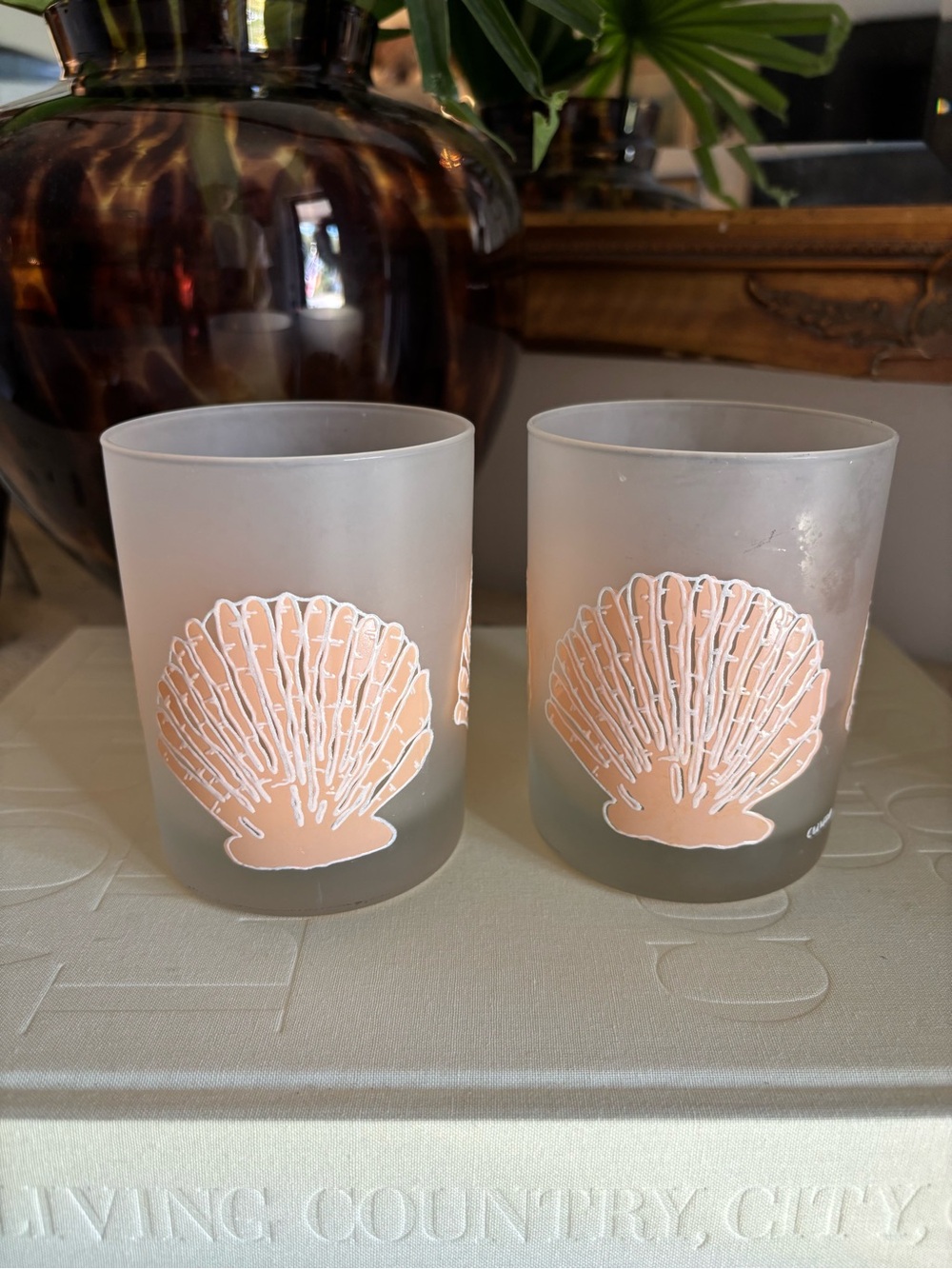 2 Vintage Culver MCM Frosted Pink Sea Shells Tumblers Glasses Cups